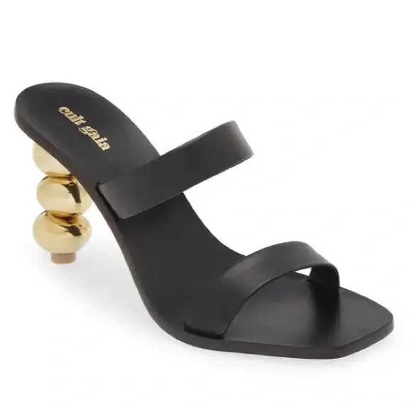 CULT GAIA Meta Black Leather Gold Metallic Architectural Heel Slide Sandal Sz 39 - Picture 2 of 12